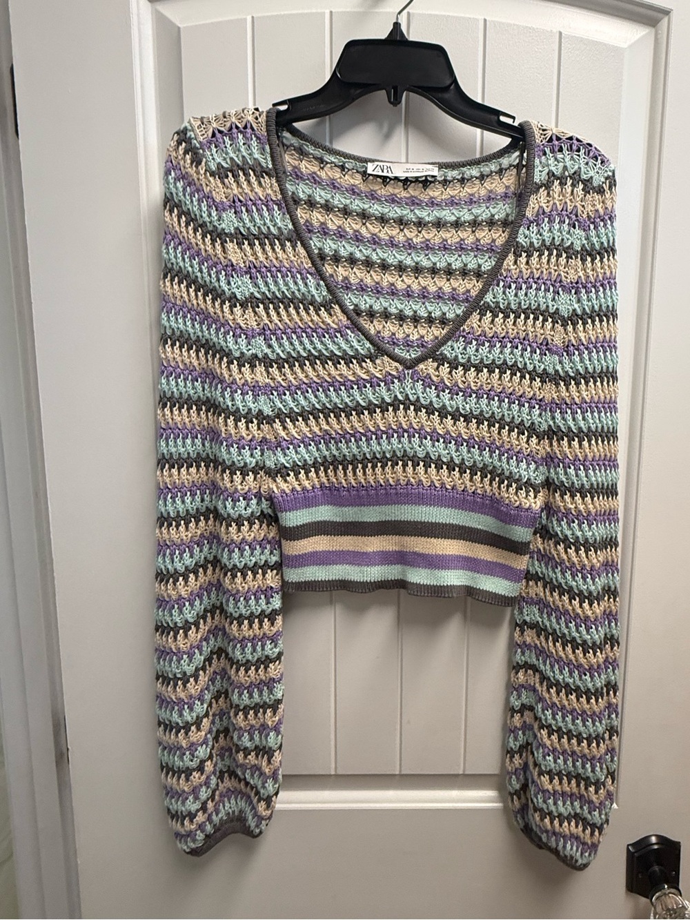 Zara Striped Crochet Knit Cropped V-Neck Balloon Sleeve Sweater Top Size M
